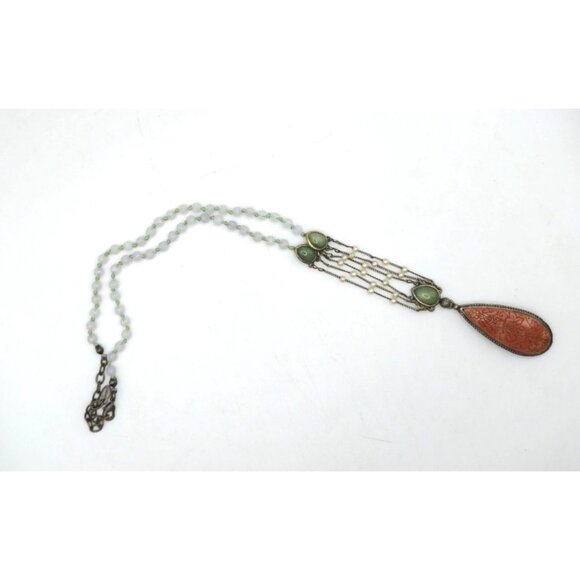 Vintage RARE Monet Faux Cinnabar Pendant Necklace Asian Revival Jade Pearl 70s - Picture 6 of 7